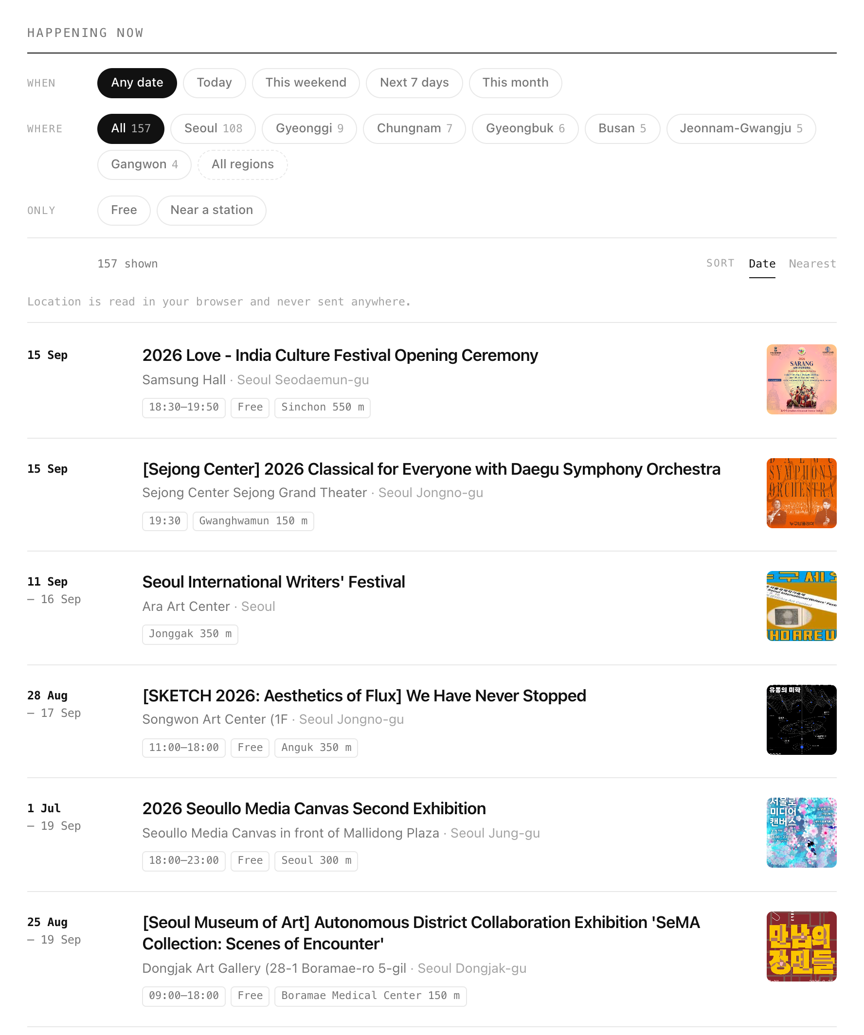 Event list with nearest-station chips and filters